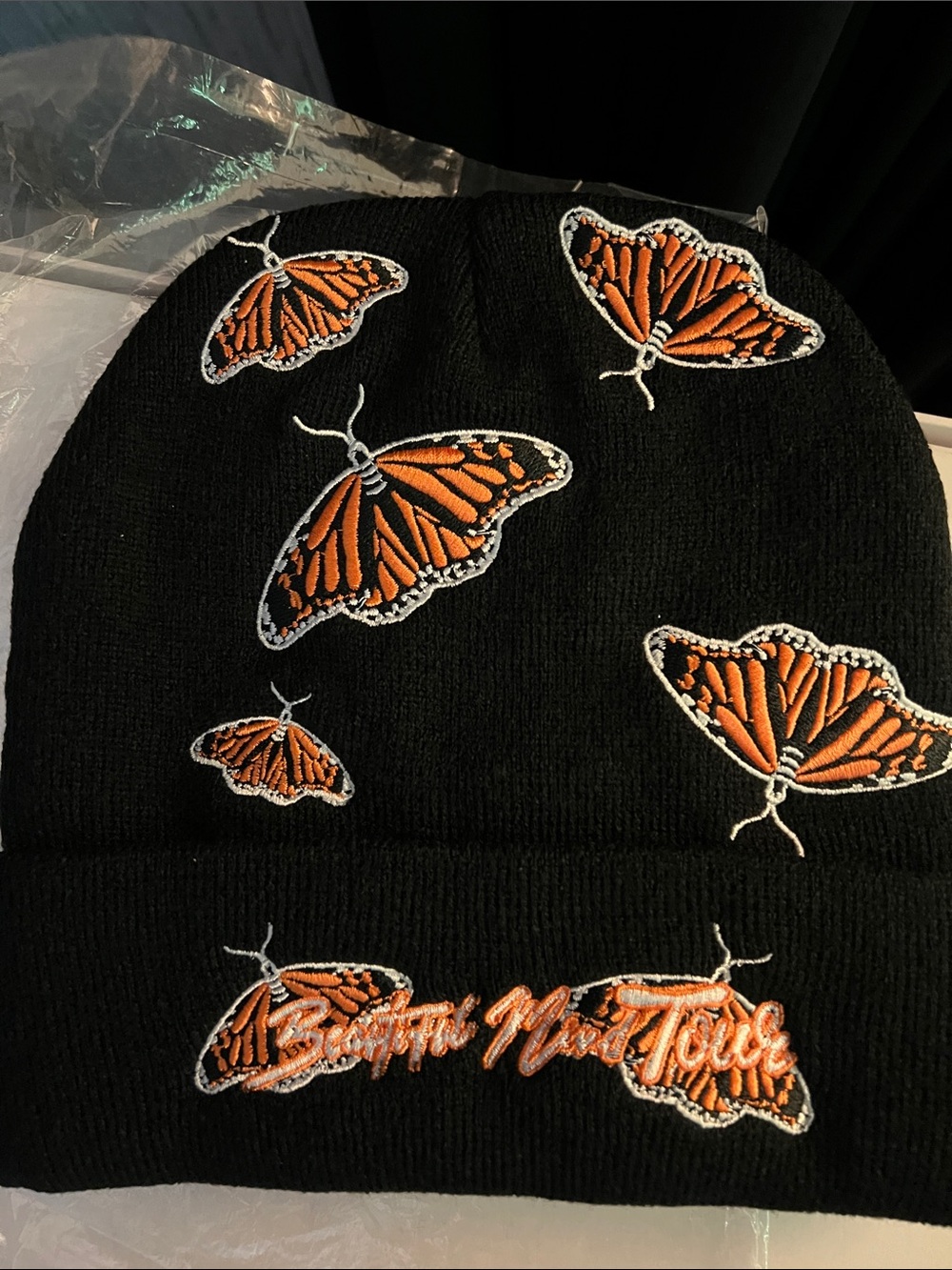 Black Beanie with Orange Butterfly Beautiful Mind Tour Embroidery